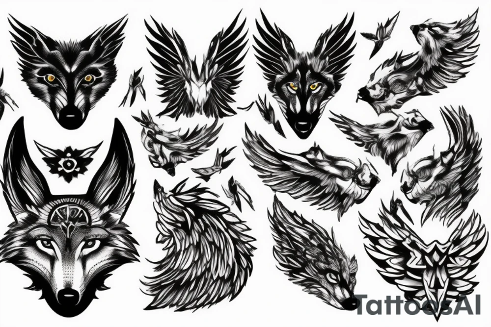 wolf face partially covered with wings  , silhouette of a wolf upon a rock tattoo idea