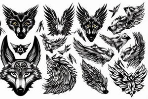 wolf face partially covered with wings  , silhouette of a wolf upon a rock tattoo idea