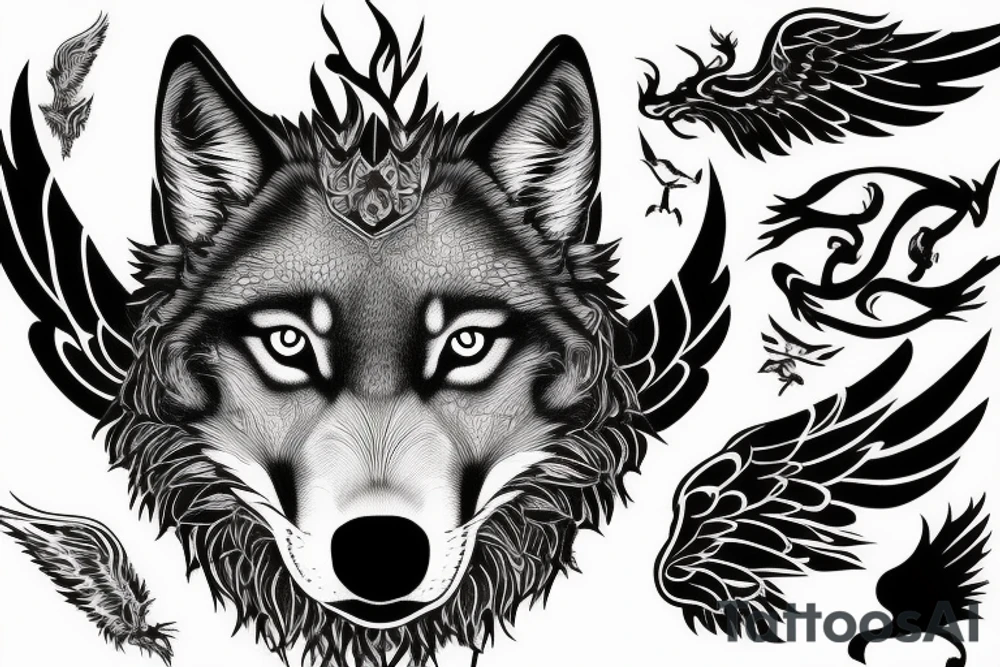 wolf face partially covered with wings  , silhouette of a wolf upon a rock tattoo idea