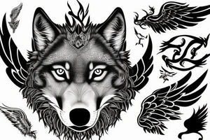 wolf face partially covered with wings  , silhouette of a wolf upon a rock tattoo idea