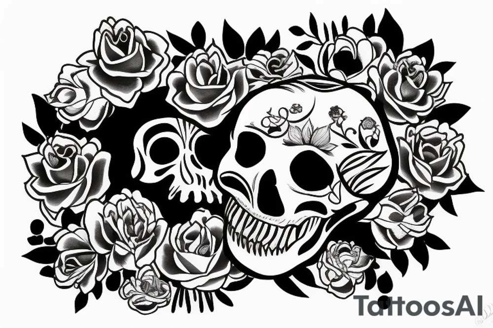 flowers skull organic light sleeve tattoo idea