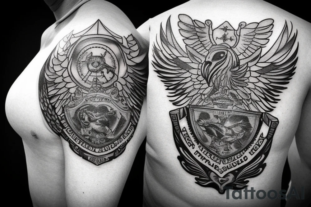 Phoenix bird cradling a police badge on the shoulder. Large aggressive bull on the outside of arm covering bicep and tricep area. Philippine sun shining on top of the bull. tattoo idea