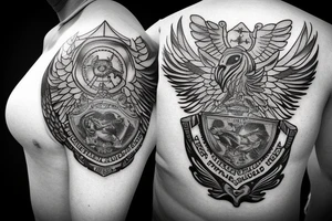 Phoenix bird cradling a police badge on the shoulder. Large aggressive bull on the outside of arm covering bicep and tricep area. Philippine sun shining on top of the bull. tattoo idea