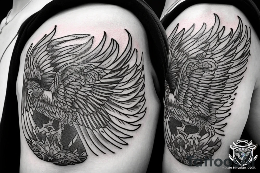 Phoenix bird cradling a police badge on the shoulder. Large aggressive bull on the outside of arm covering bicep and tricep area. Philippine sun shining on top of the bull. tattoo idea