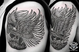 Phoenix bird cradling a police badge on the shoulder. Large aggressive bull on the outside of arm covering bicep and tricep area. Philippine sun shining on top of the bull. tattoo idea