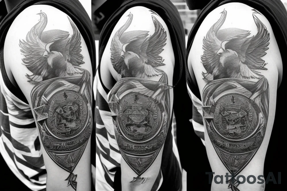Phoenix bird cradling a police badge on the shoulder. Large aggressive bull on the outside of arm covering bicep and tricep area. Philippine sun shining on top of the bull. tattoo idea