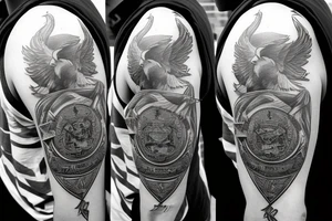 Phoenix bird cradling a police badge on the shoulder. Large aggressive bull on the outside of arm covering bicep and tricep area. Philippine sun shining on top of the bull. tattoo idea