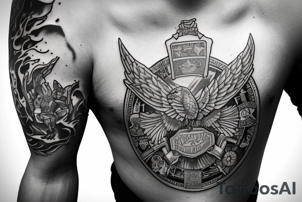 Phoenix bird cradling a police badge on the shoulder. Large aggressive bull on the outside of arm covering bicep and tricep area. Philippine sun shining on top of the bull. tattoo idea