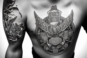 Phoenix bird cradling a police badge on the shoulder. Large aggressive bull on the outside of arm covering bicep and tricep area. Philippine sun shining on top of the bull. tattoo idea