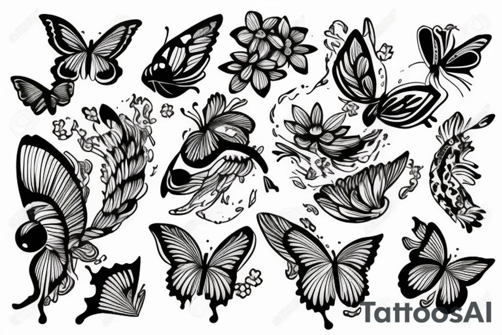 Flowers with butterfly and koi fish tattoo idea