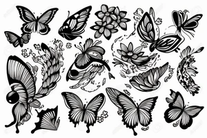 Flowers with butterfly and koi fish tattoo idea