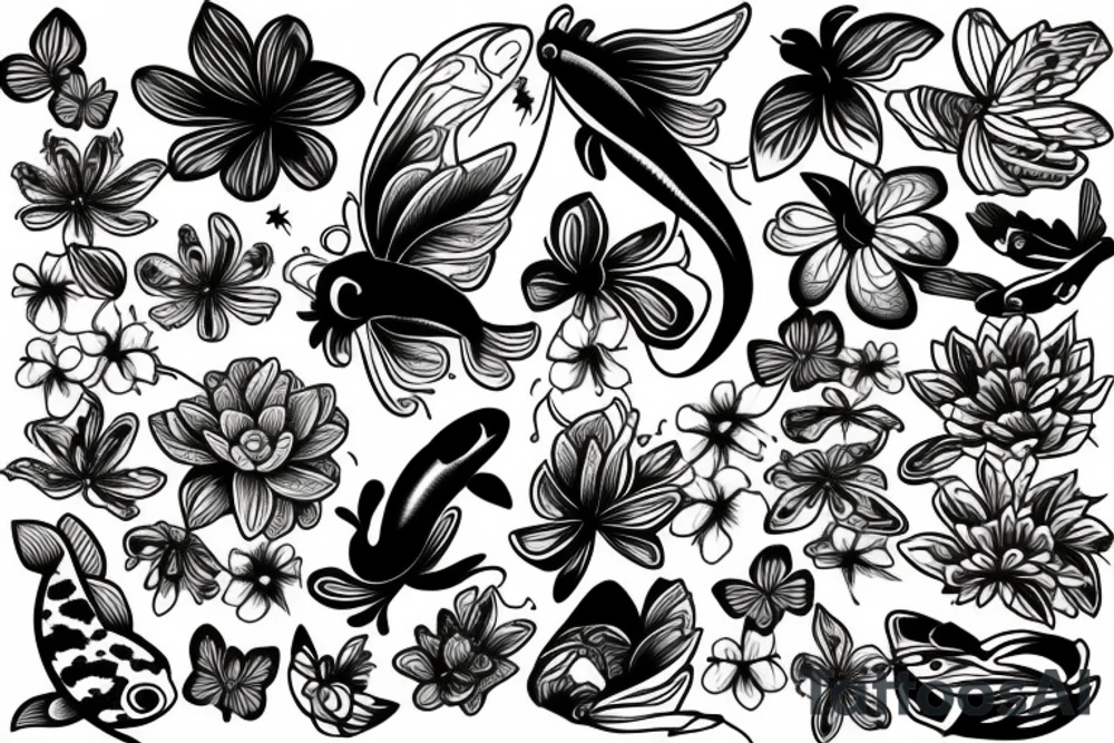 Flowers with butterfly and koi fish tattoo idea