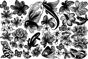 Flowers with butterfly and koi fish tattoo idea