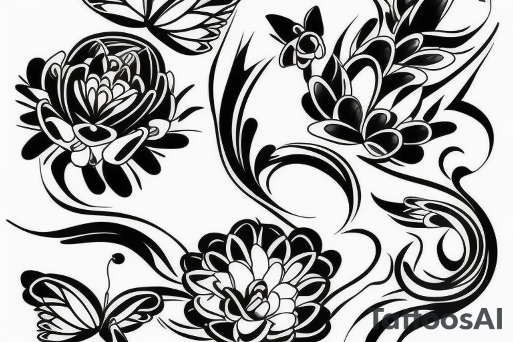 Flowers with butterfly and koi fish tattoo idea