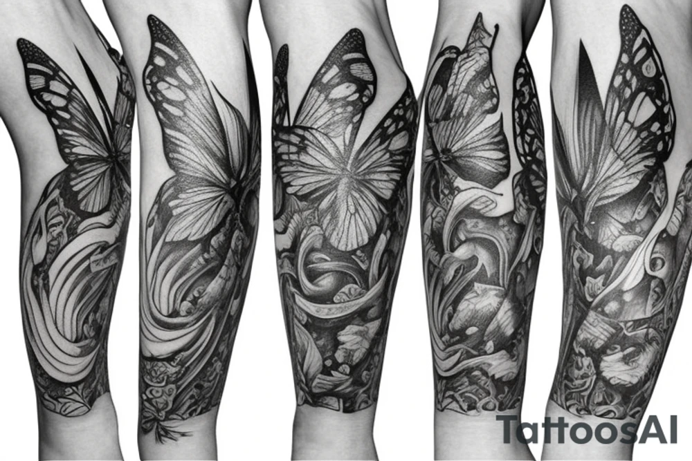 thigh sleeve,dagger, sailboat, butterfly tattoo idea thigh sleeve,dagger, sailboat, butterfly tattoo idea