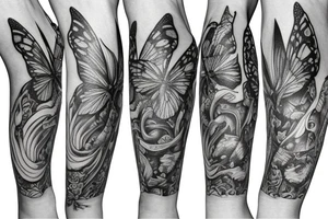 thigh sleeve,dagger, sailboat, butterfly tattoo idea