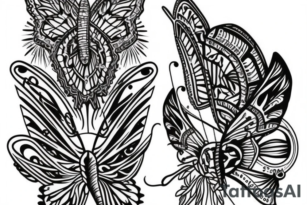 thigh sleeve, dagger, sailboat, butterfly tattoo idea