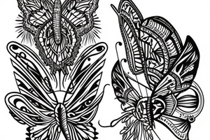 thigh sleeve, dagger, sailboat, butterfly tattoo idea