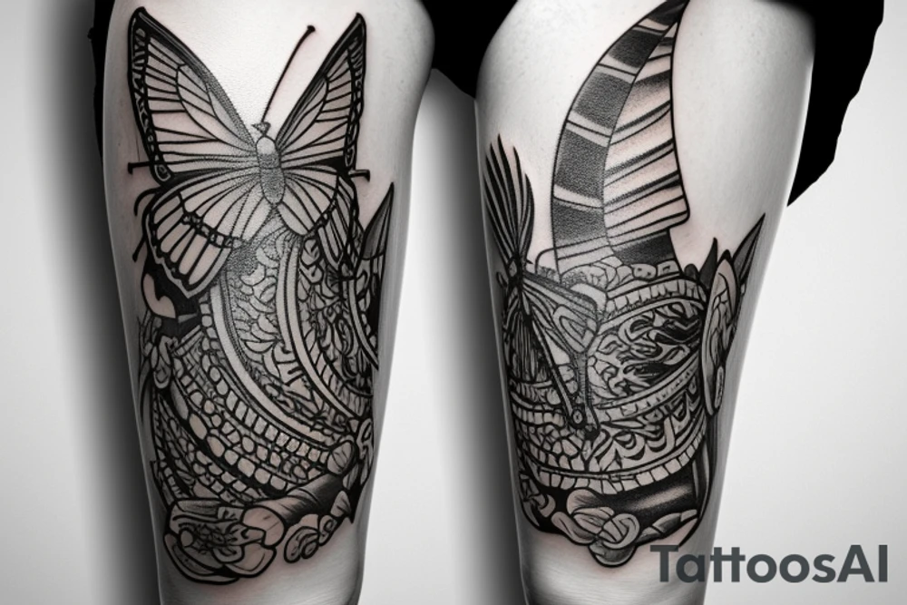 thigh sleeve, dagger, sailboat, butterfly tattoo idea
