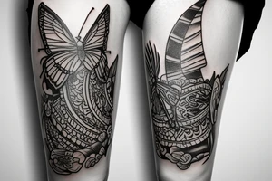 thigh sleeve, dagger, sailboat, butterfly tattoo idea
