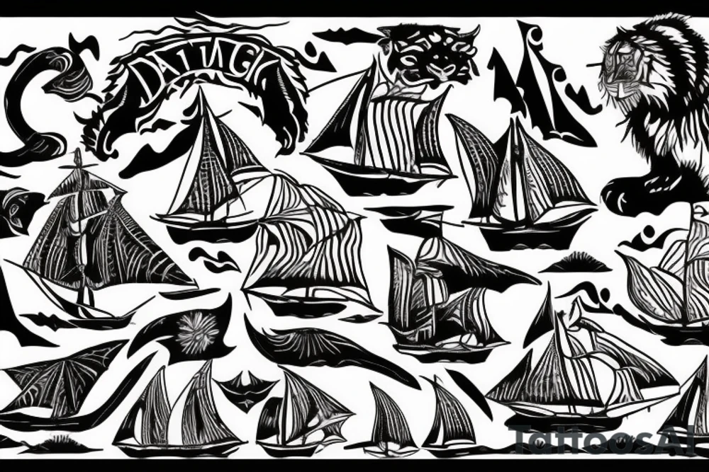 dagger, sailboat, tiger tattoo idea