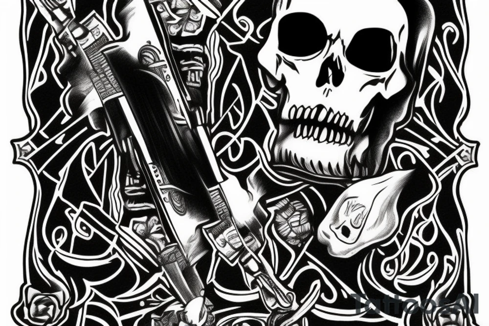 AK47, "Death Before Dishonor" on top, Ace of spades playing card, Grim reaper, shading tattoo idea