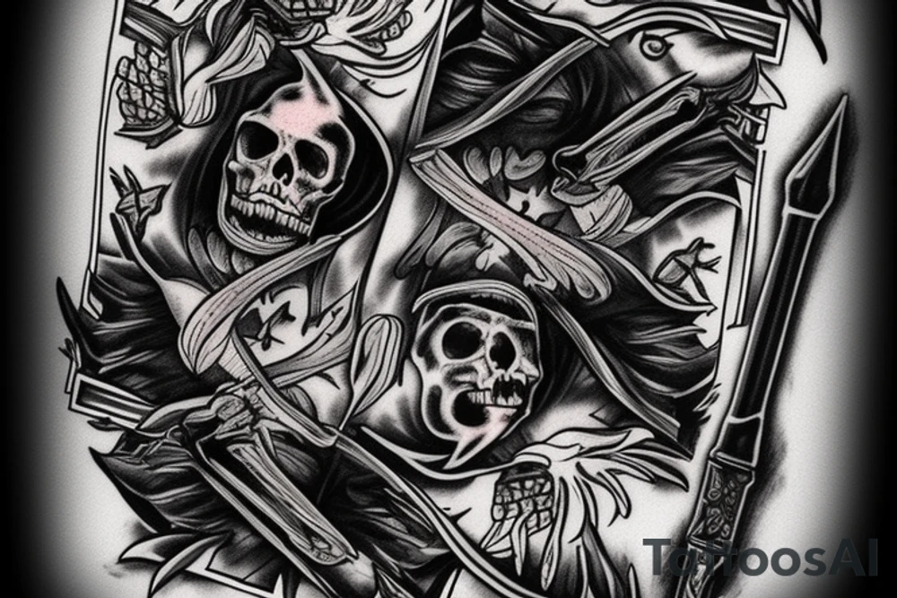 AK47, "Death Before Dishonor" on top, Ace of spades playing card, Grim reaper, shading tattoo idea