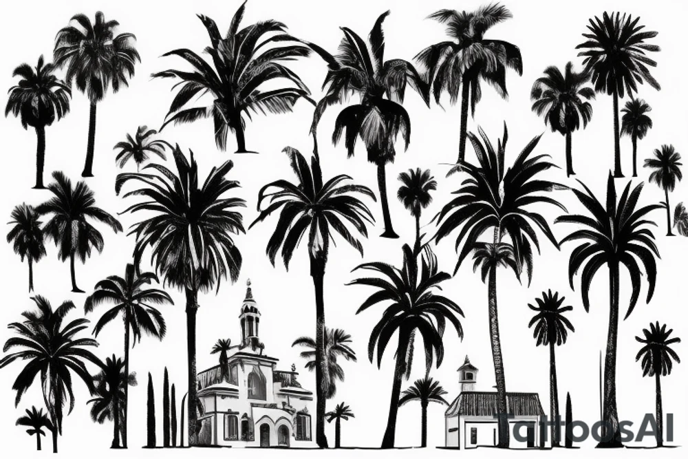 The church of Sitges surrounded by palm trees tattoo idea The church of Sitges surrounded by palm trees tattoo idea