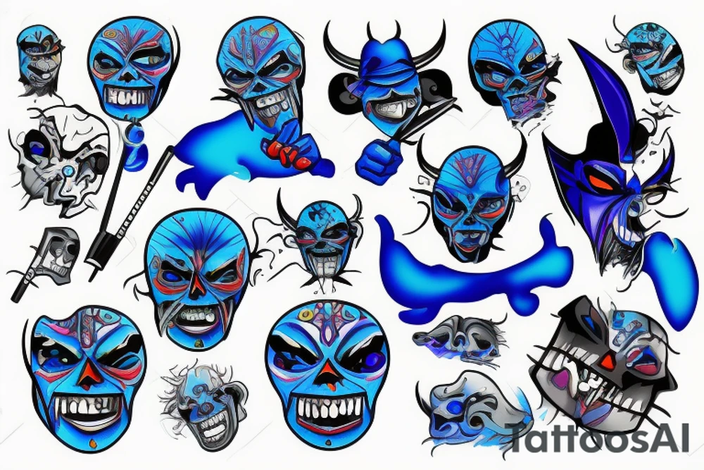 Cartonish Blue Demon smoking crystal meth tattoo idea
