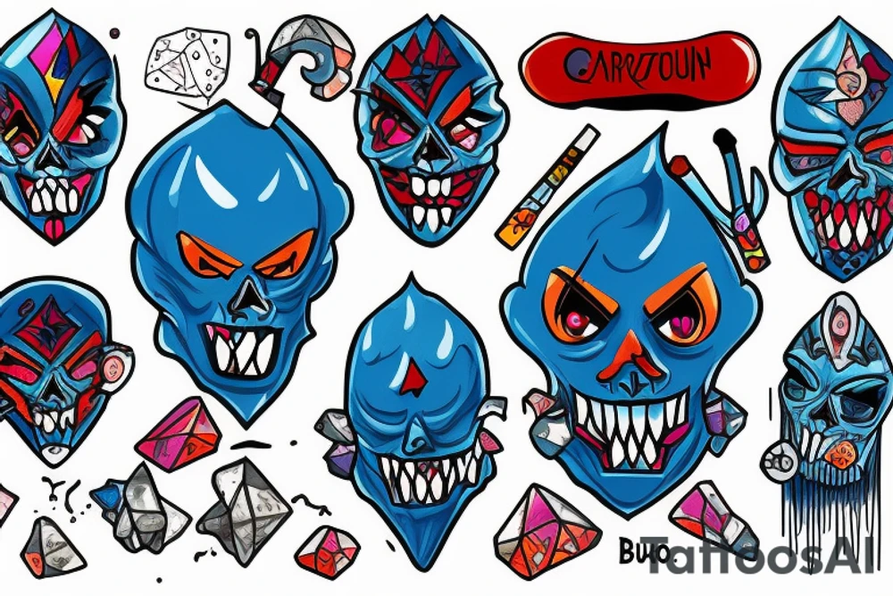 Cartonish Blue Demon smoking crystal meth tattoo idea