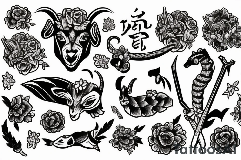 Goat with sword and flowers tattoo idea