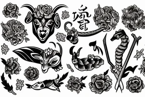 Goat with sword and flowers tattoo idea