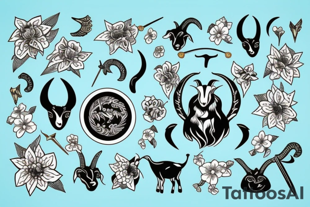 Goat with sword and flowers tattoo idea