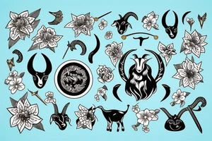 Goat with sword and flowers tattoo idea
