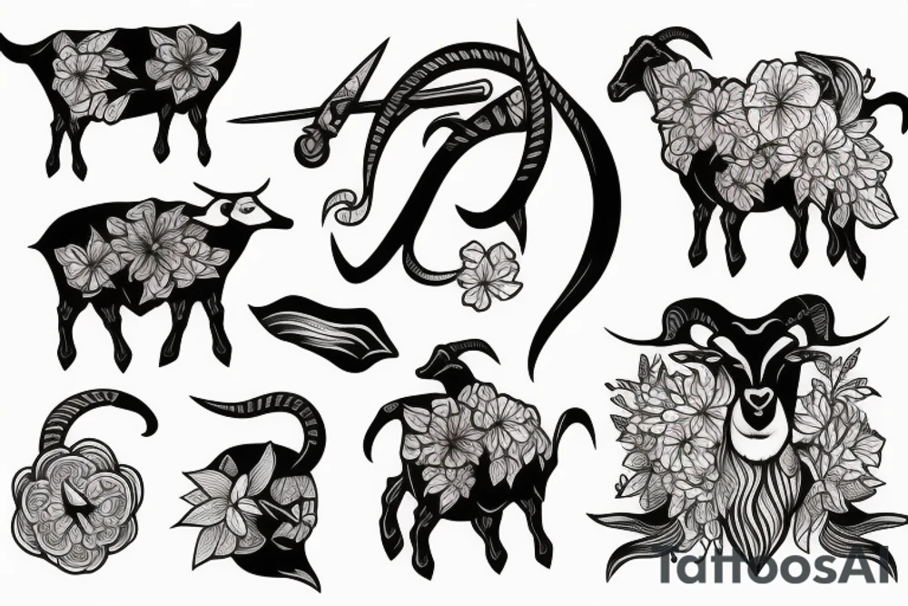 Goat with sword and flowers tattoo idea