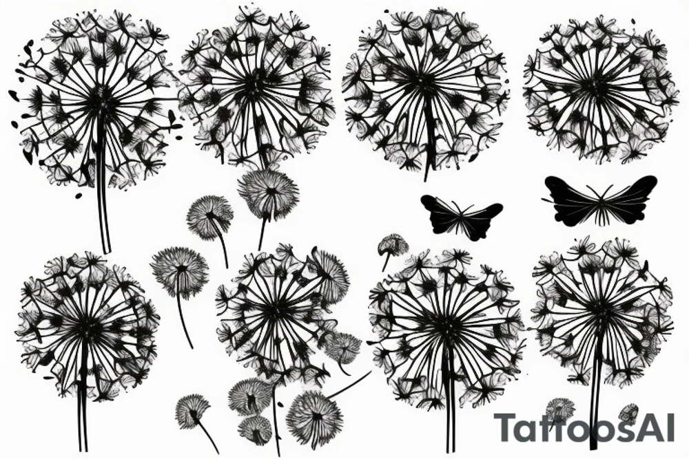 Dandelion with a flying seeds, connecting red thread and a butterfly tattoo idea