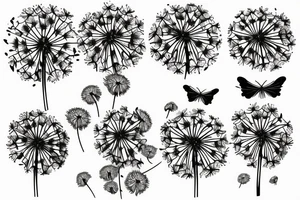Dandelion with a flying seeds, connecting red thread and a butterfly tattoo idea