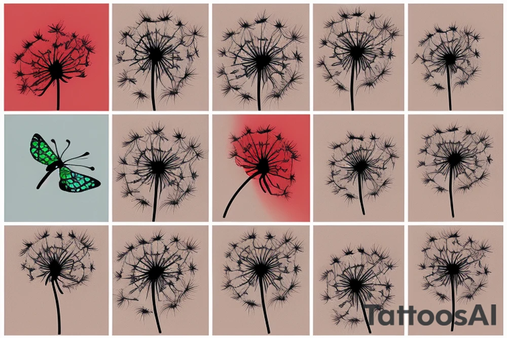 Dandelion with a flying seeds, connecting red thread and a butterfly tattoo idea