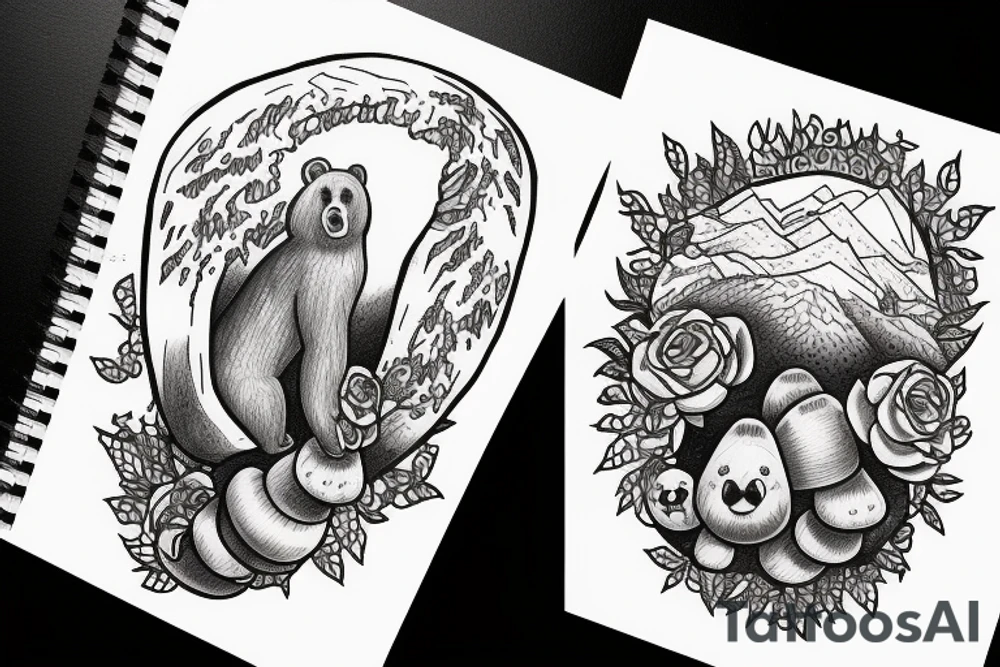 Bear the size of a mountain with mushrooms growing out of it tattoo idea
