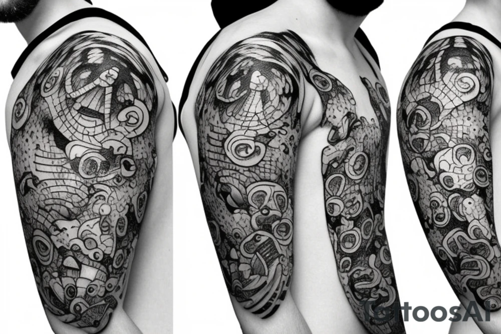 Bear with mushrooms in space tattoo idea