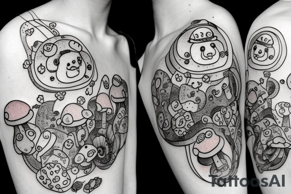 Bear with mushrooms in space tattoo idea
