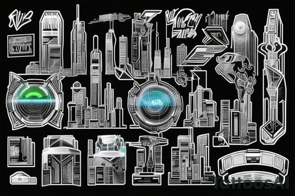A neon cityscape or skyline, representing the futuristic and high-tech world of cyber punk tattoo idea