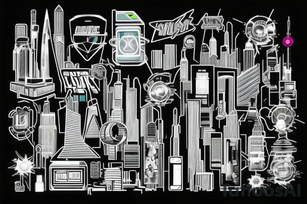 A neon cityscape or skyline, representing the futuristic and high-tech world of cyber punk tattoo idea