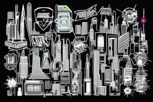A neon cityscape or skyline, representing the futuristic and high-tech world of cyber punk tattoo idea