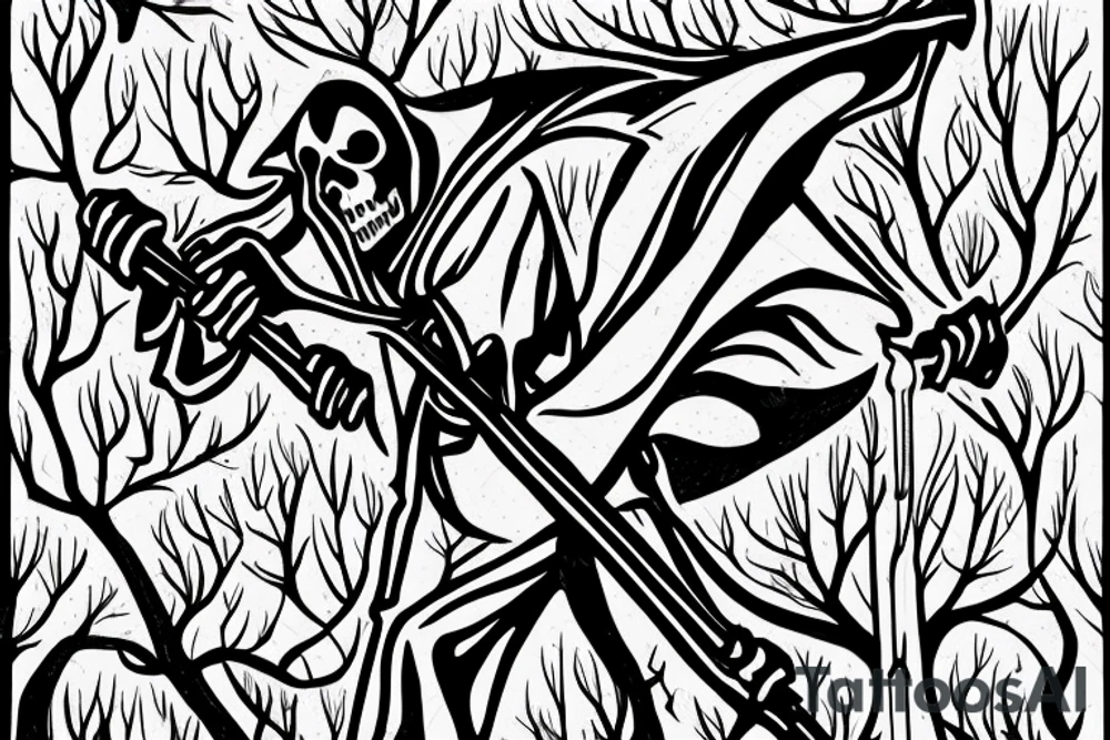 close up of grim reaper in a grey forest with a scythe tattoo idea
