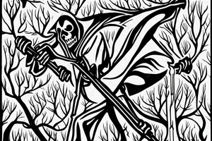 close up of grim reaper in a grey forest with a scythe tattoo idea
