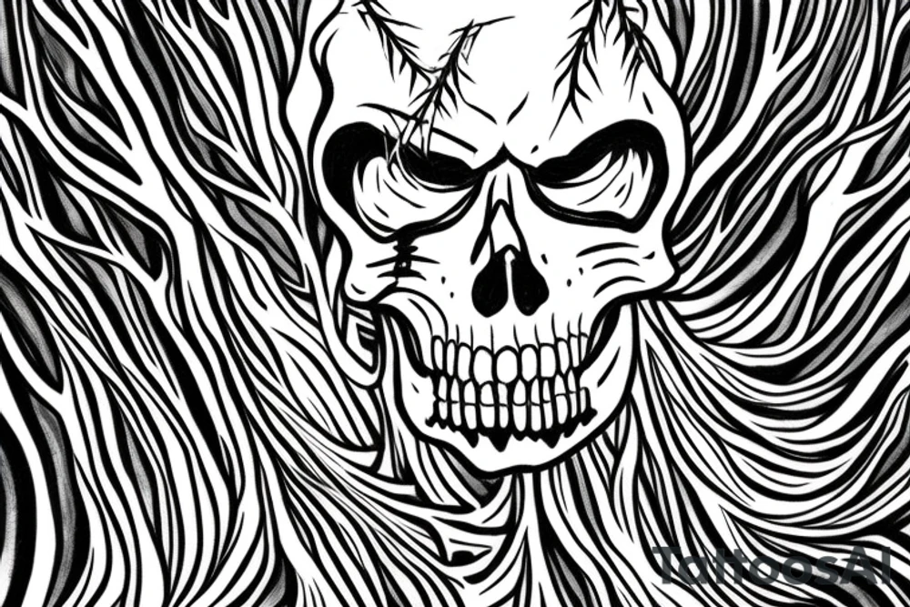 close up of grim reaper in a grey forest with a scythe tattoo idea