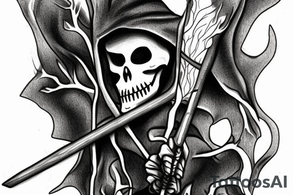 close up of grim reaper in a grey forest with a scythe tattoo idea