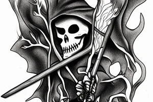 close up of grim reaper in a grey forest with a scythe tattoo idea