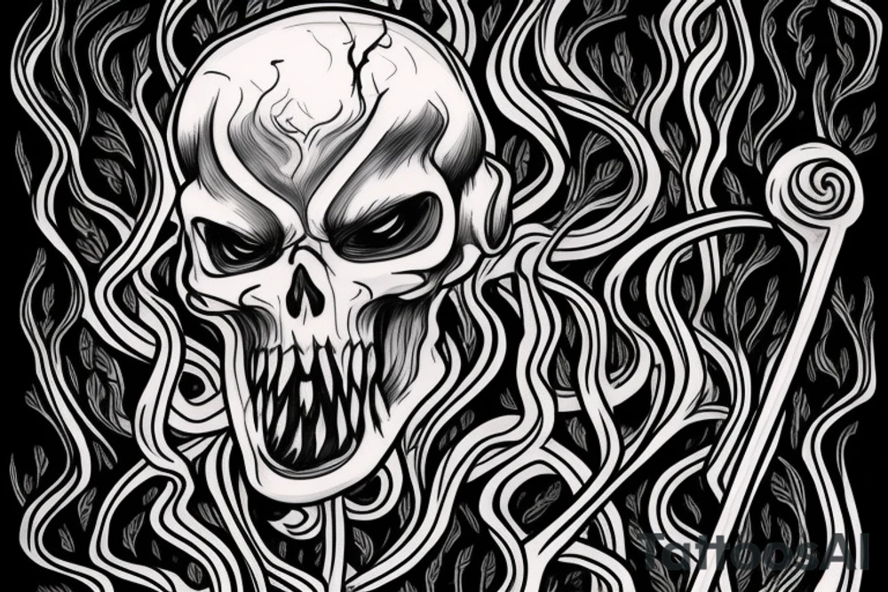 close up of grim reaper in a grey forest with a scythe tattoo idea